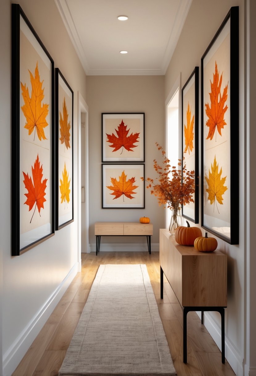 22 Fall Hallway Decor Trends To Refresh Your Entryway This Season 13 A hallway with framed botanical prints of autumn leaves hanging on the wall and a wooden floor with a runner rug.