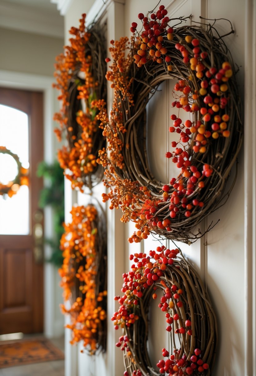 22 Fall Hallway Decor Trends To Refresh Your Entryway This Season 14 Decorative wreaths made of twigs and red berries hanging on a hallway wall with warm autumn colors.