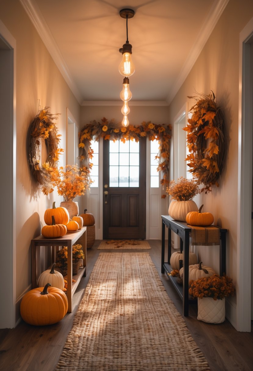 22 Fall Hallway Decor Trends To Refresh Your Entryway This Season 15 A hallway decorated with fall-themed items and warm lighting from hanging Edison bulbs.