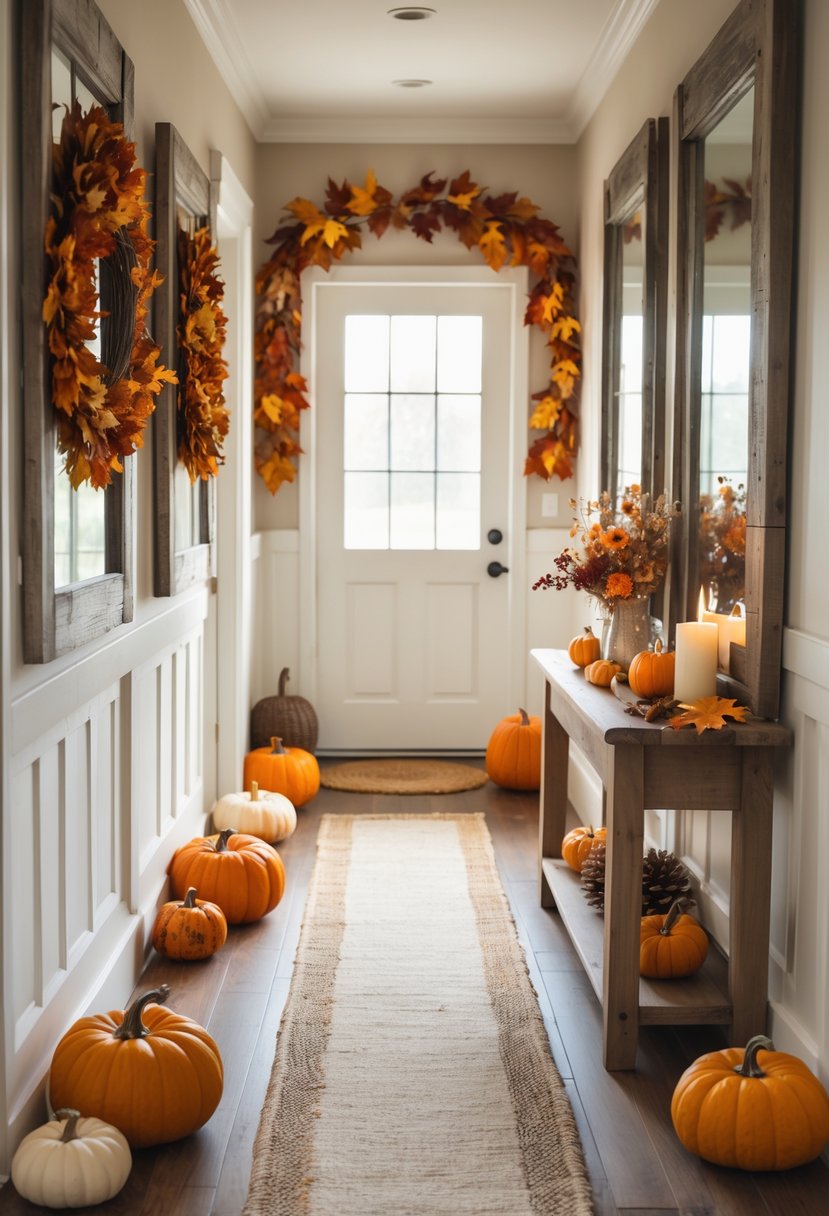 22 Fall Hallway Decor Trends To Refresh Your Entryway This Season 16 A hallway with distressed wooden framed mirrors on the wall and fall decorations including pumpkins and dried leaves.