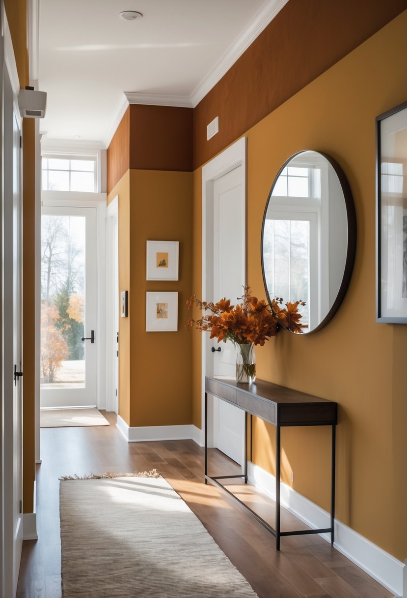 22 Fall Hallway Decor Trends To Refresh Your Entryway This Season 17 A hallway with accent walls painted in burnt orange and deep mustard, featuring a console table with flowers, a round mirror, and framed artwork.