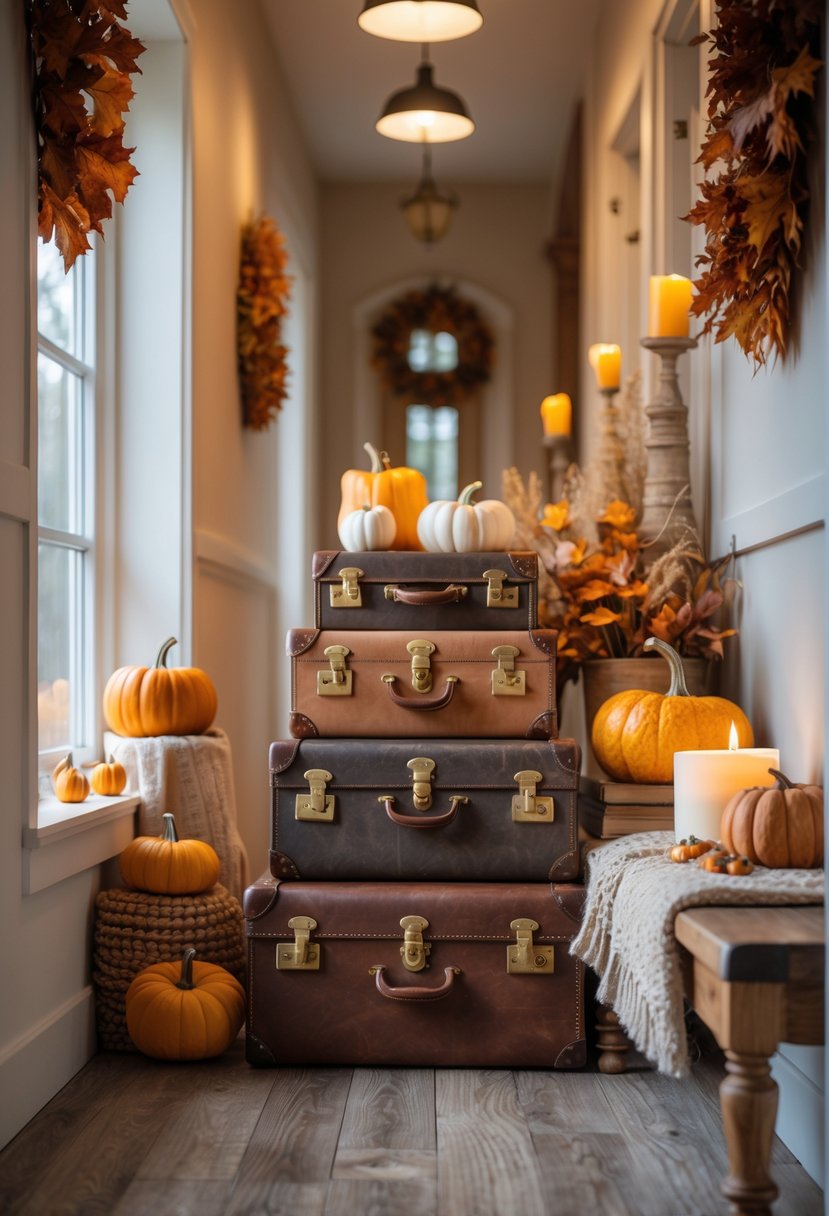 22 Fall Hallway Decor Trends To Refresh Your Entryway This Season 18 A stack of vintage suitcases arranged as decorative storage in a hallway with fall-themed decorations and warm natural light.
