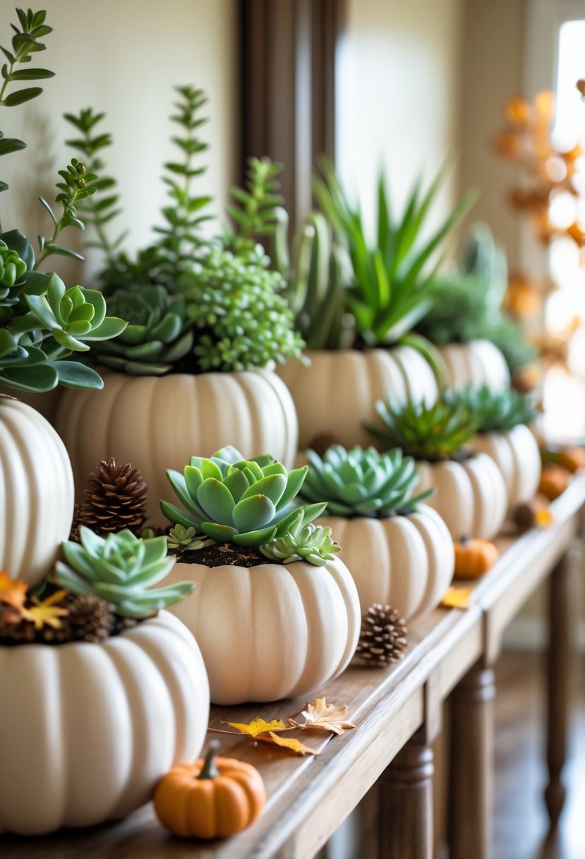 22 Fall Hallway Decor Trends To Refresh Your Entryway This Season 19 Ceramic pumpkin-shaped planters filled with succulents arranged on a wooden hallway table with autumn decorations.