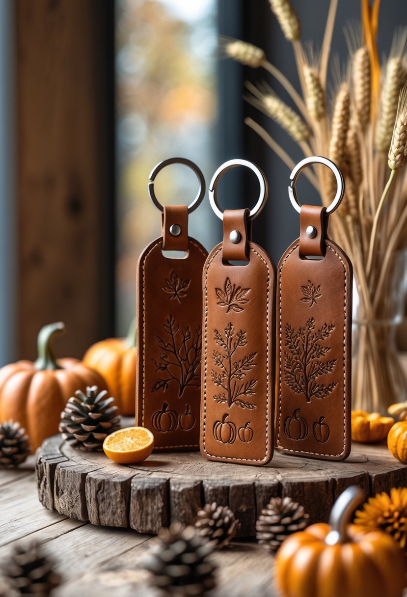 22 Fall Hallway Decor Trends To Refresh Your Entryway This Season 20 Leather key holders with autumn leaf and pumpkin designs arranged on a wooden table surrounded by fall decorations like pumpkins and pine cones.