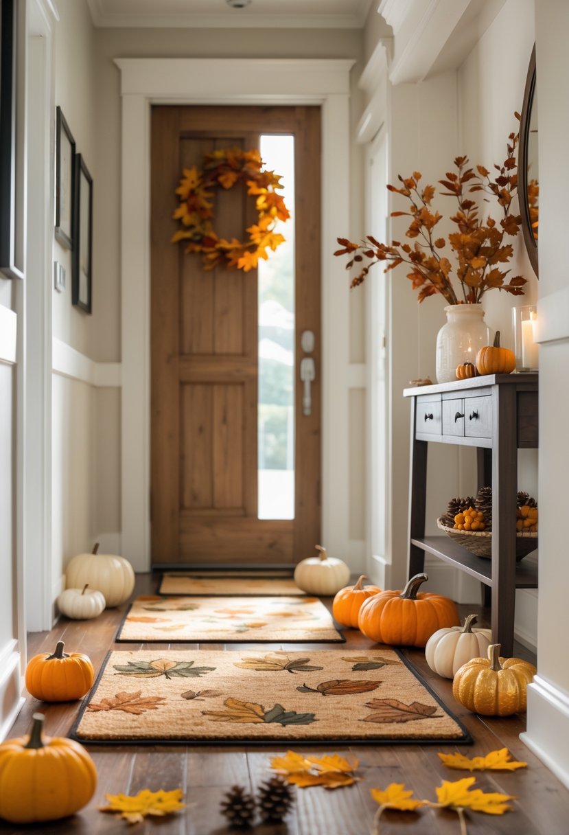 22 Fall Hallway Decor Trends To Refresh Your Entryway This Season 21 A home entryway with a fall-themed doormat and autumn decorations like pumpkins, pinecones, and dried leaves arranged near a wooden door.