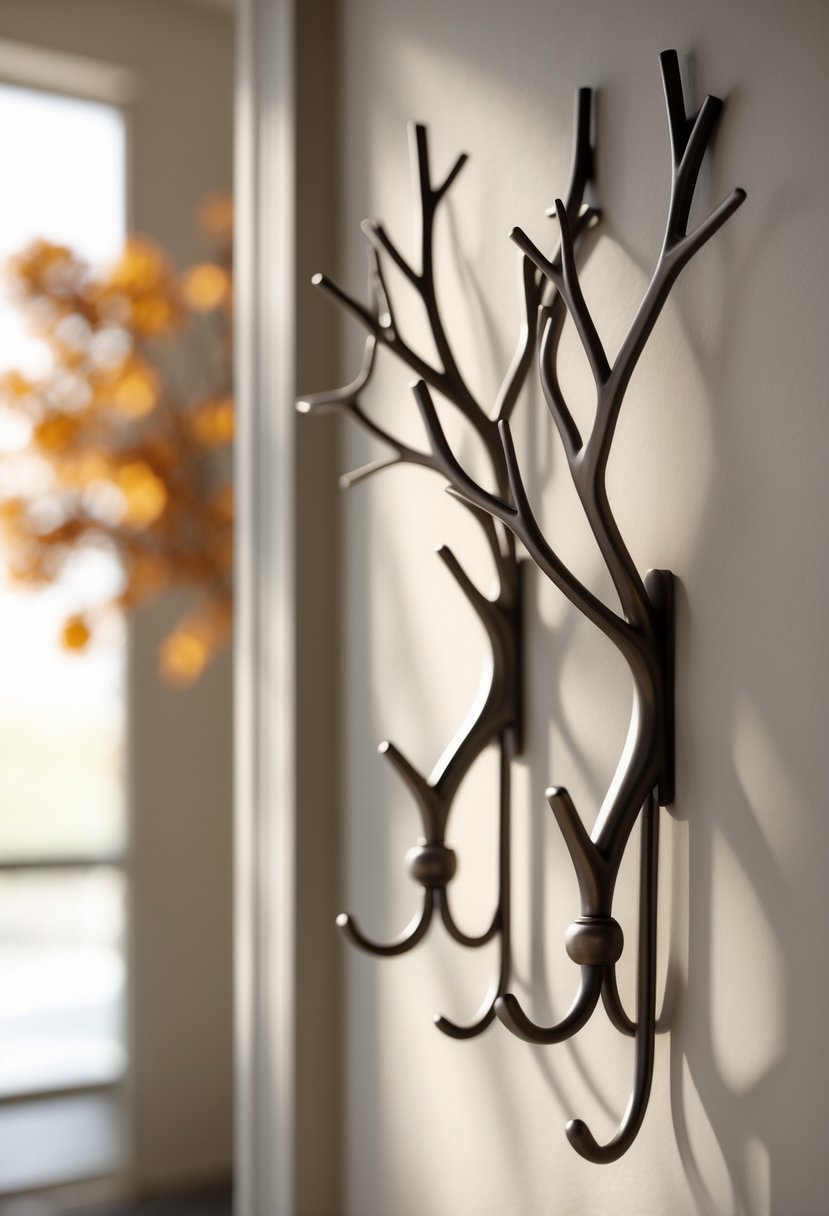22 Fall Hallway Decor Trends To Refresh Your Entryway This Season 22 Minimalist metal hooks shaped like branches mounted on a hallway wall.