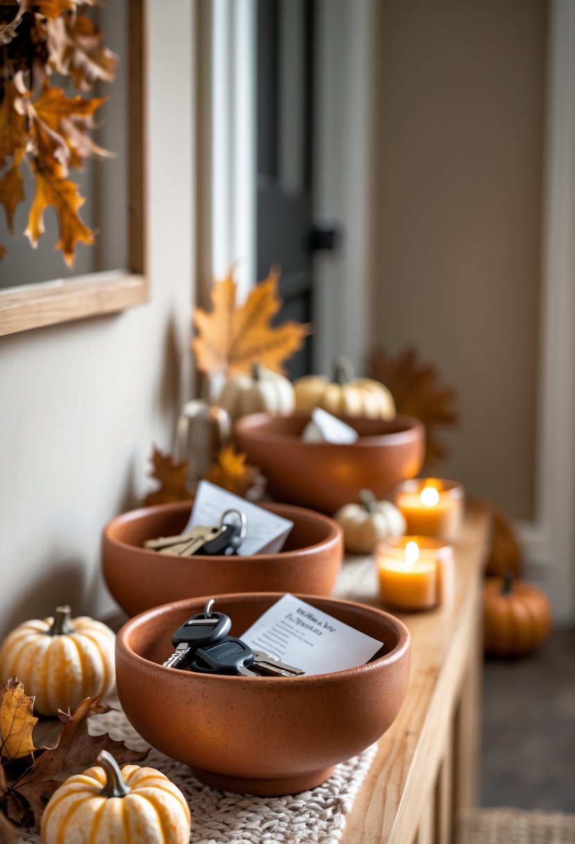 22 Fall Hallway Decor Trends To Refresh Your Entryway This Season 23 Rust-colored ceramic bowls on a wooden table holding keys and mail in a fall decorated hallway.
