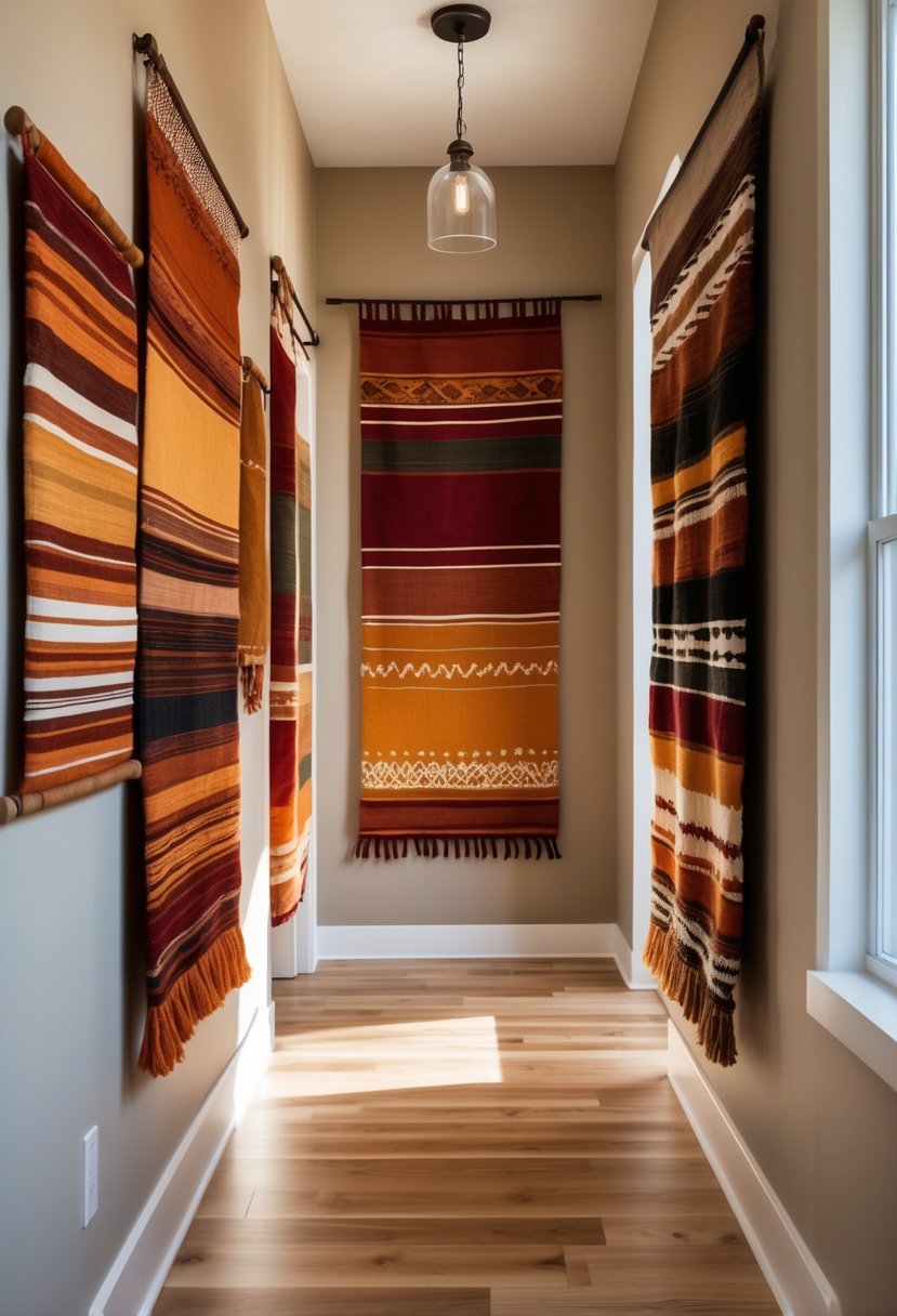 22 Fall Hallway Decor Trends To Refresh Your Entryway This Season 24 A hallway decorated with handwoven wall hangings in warm autumn colors on neutral walls with wooden flooring.