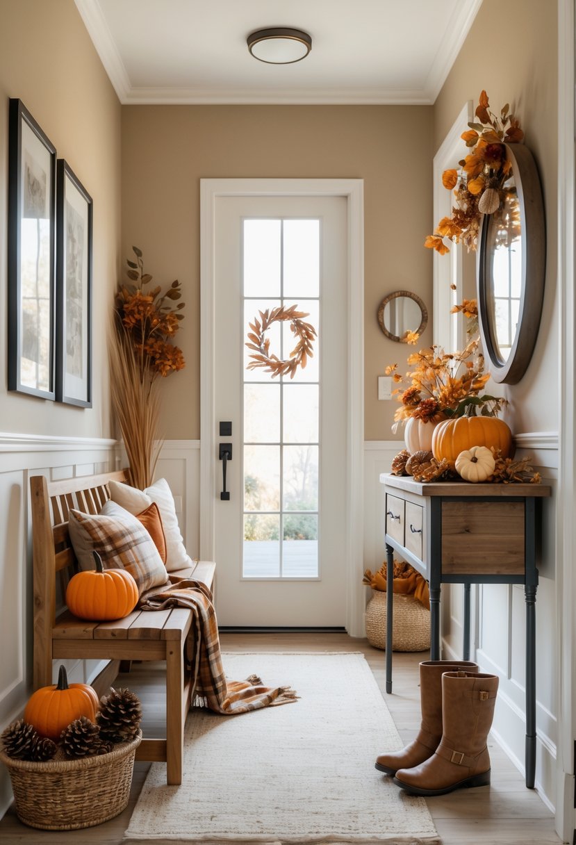 22 Fall Hallway Decor Trends To Refresh Your Entryway This Season 26 An entryway decorated for fall with a wooden bench, pumpkins, dried leaves, floral arrangements, a round mirror, and a neutral rug, illuminated by natural light.