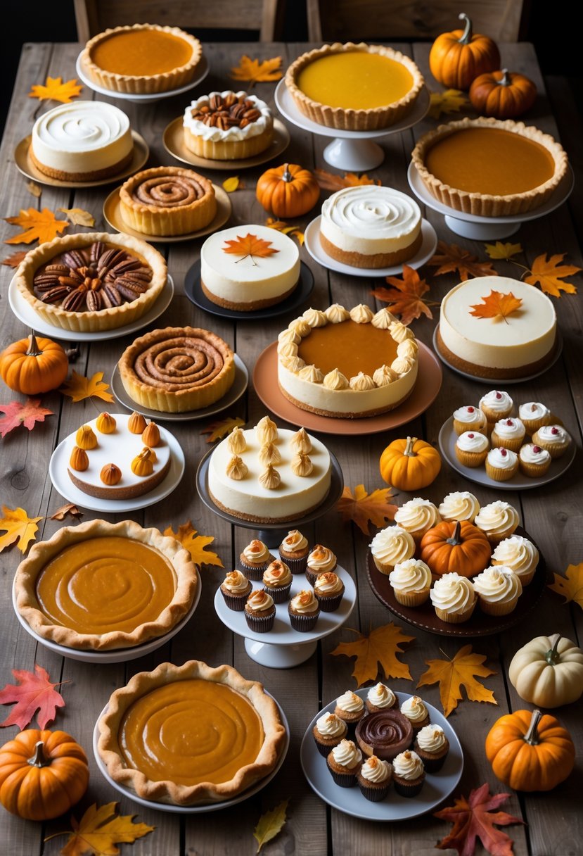 A table filled with a variety of Thanksgiving desserts including pies, cupcakes, cookies, and tarts, decorated with fall leaves and small pumpkins.