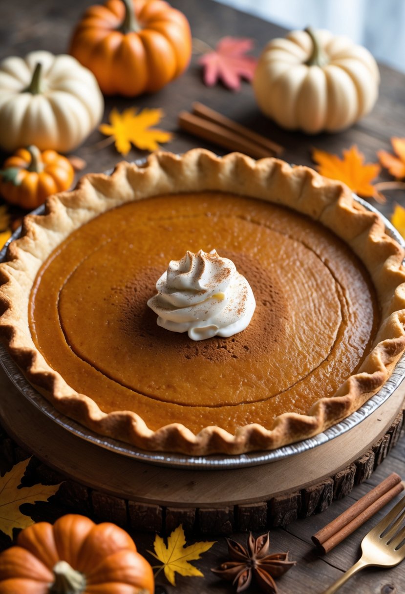 A classic pumpkin pie with whipped cream on a wooden table surrounded by small pumpkins, fall leaves, and spices.