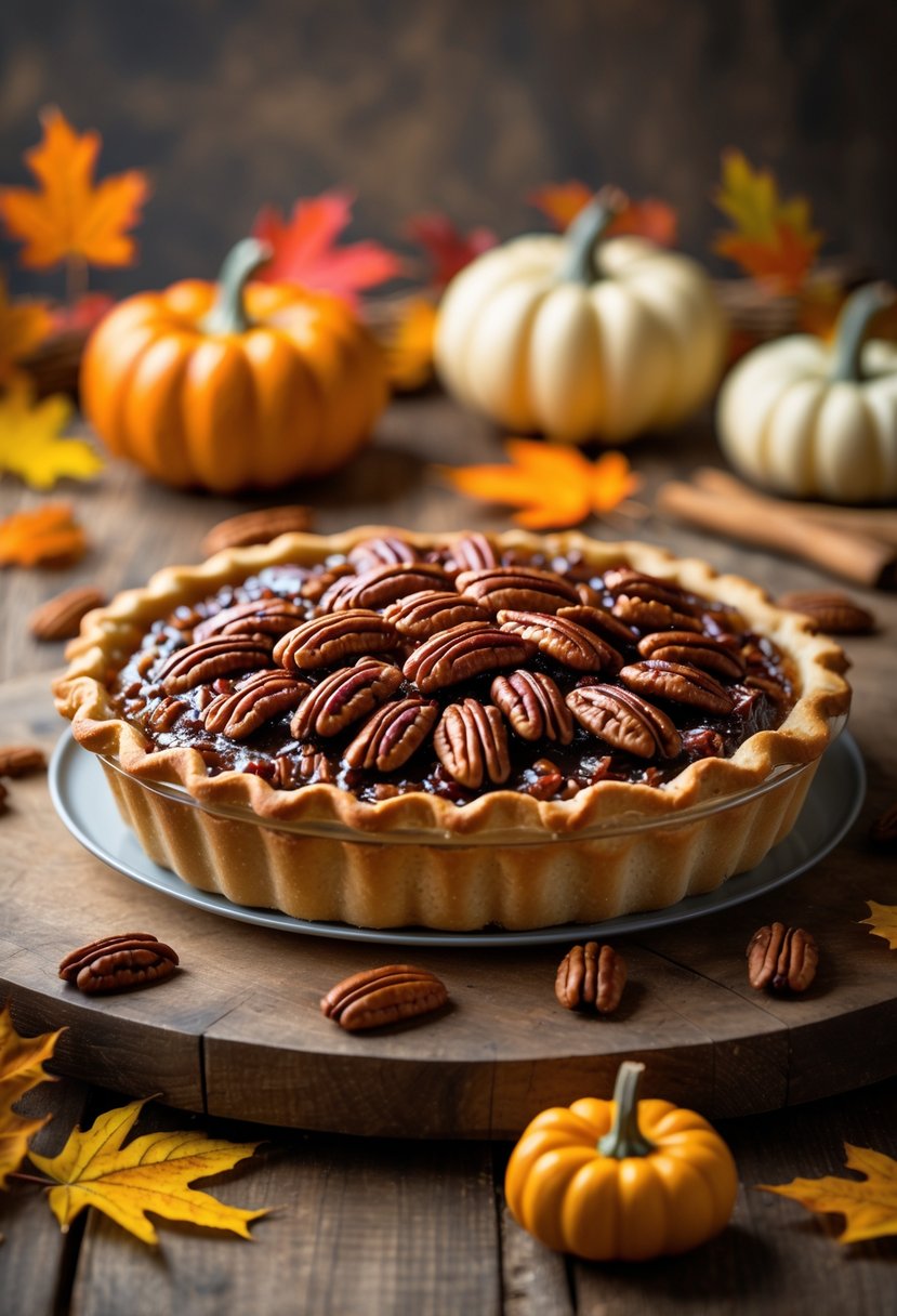 A pecan pie topped with candied pecans on a wooden table with autumn decorations around it.