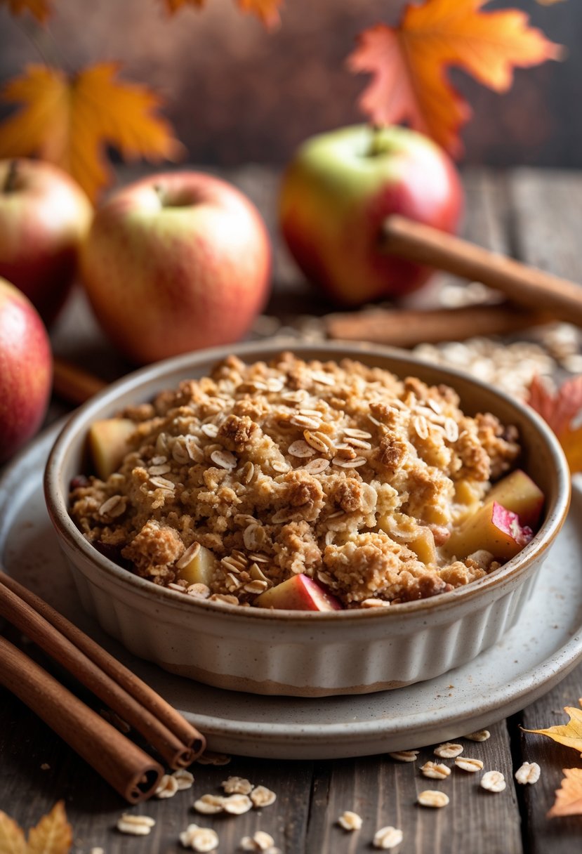A freshly baked apple crumble with oat topping in a ceramic dish on a wooden table surrounded by apples and cinnamon sticks.