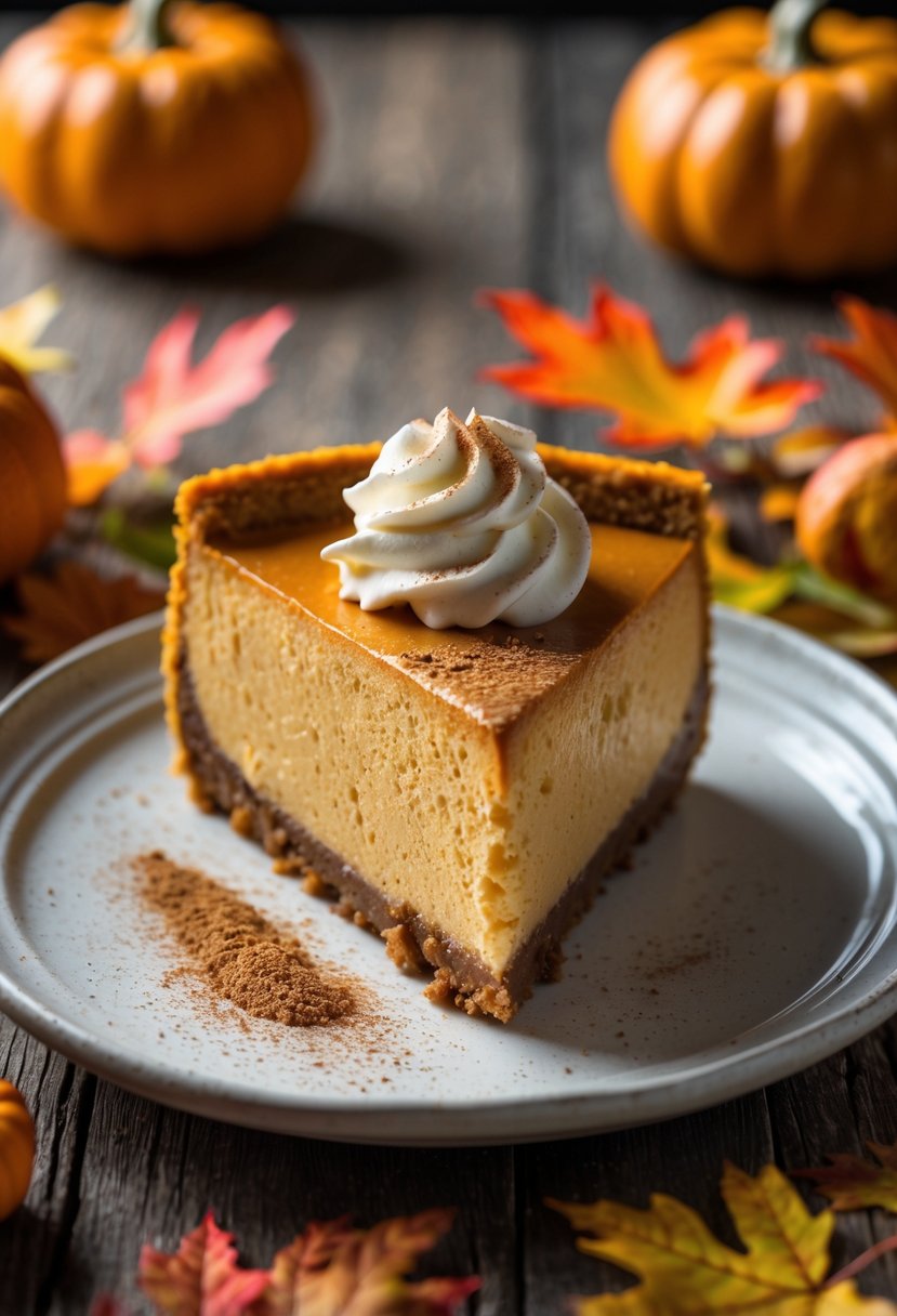 A slice of pumpkin cheesecake on a plate with whipped cream, surrounded by small pumpkins and fall leaves on a wooden table.