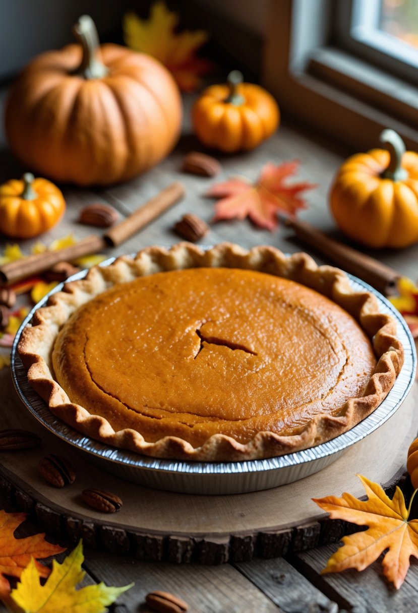A freshly baked sweet potato pie on a wooden table surrounded by pumpkins, fall leaves, cinnamon sticks, and pecans.
