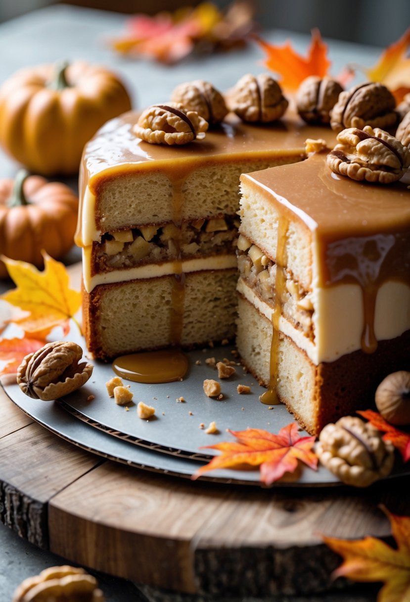 A slice of maple walnut cake on a wooden board surrounded by fall leaves, walnuts, and small pumpkins.
