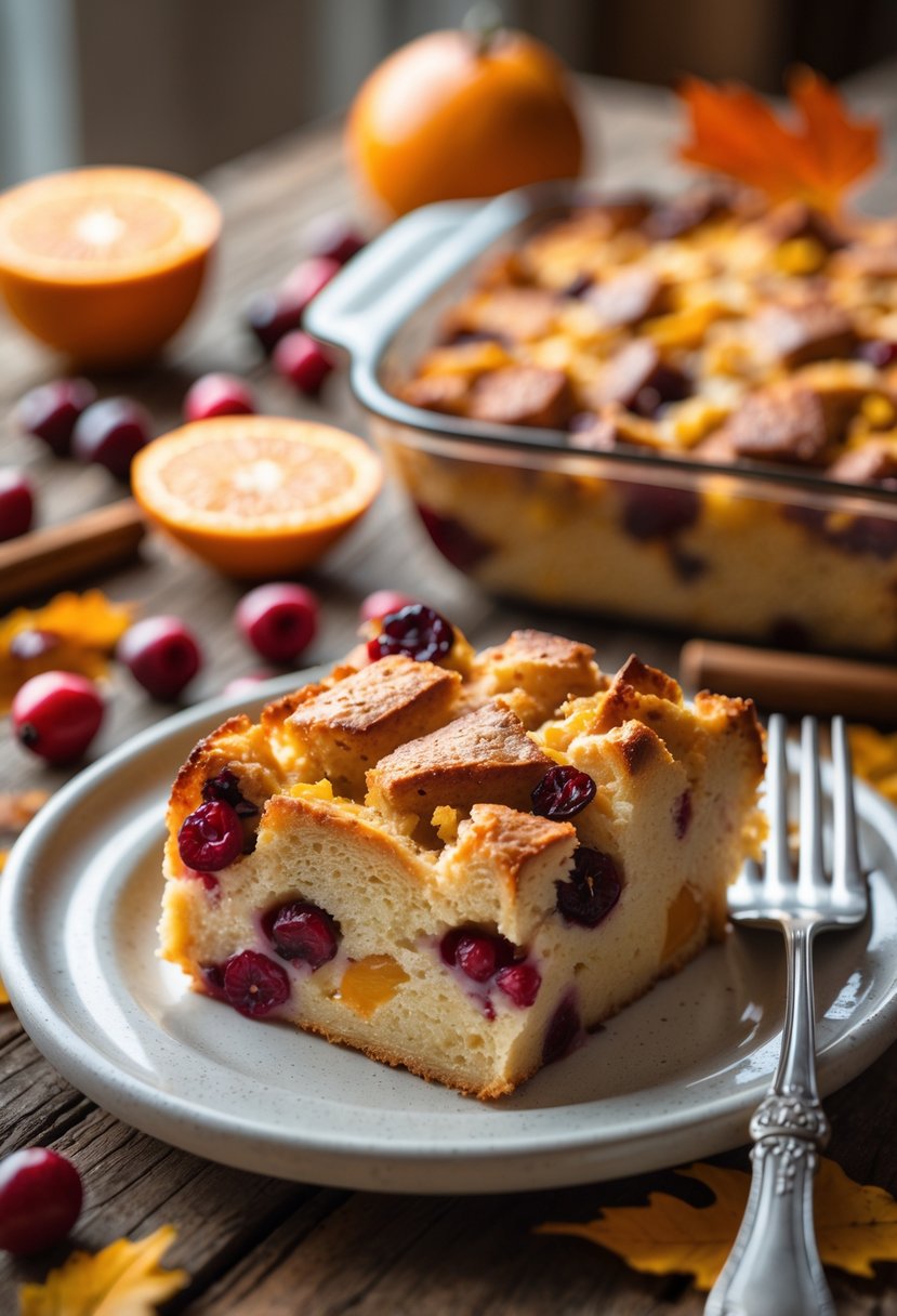 A slice of cranberry orange bread pudding on a white plate with fresh cranberries and orange slices on a wooden table.