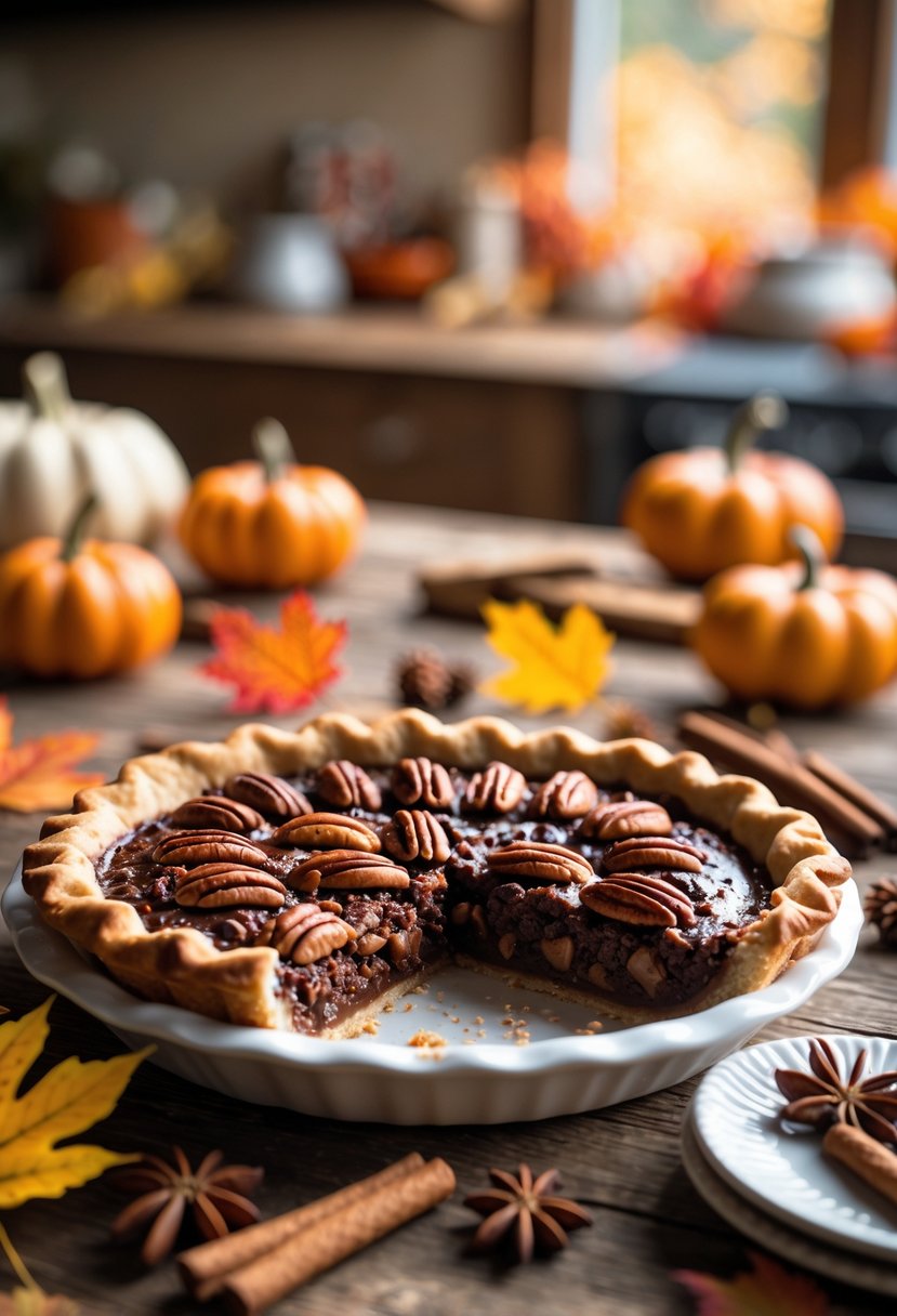 A chocolate bourbon pecan pie on a wooden table surrounded by autumn decorations and a slice served on a plate.