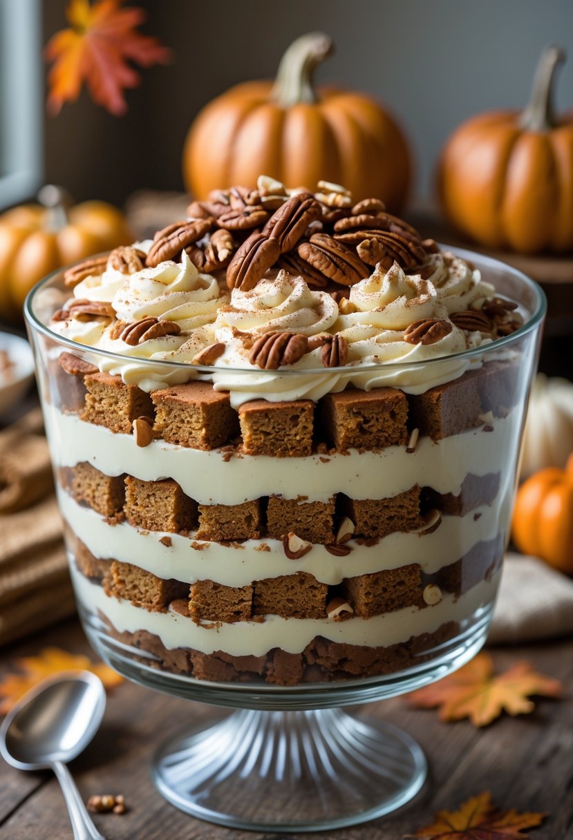 A glass bowl filled with layered gingerbread trifle dessert on a wooden table with autumn decorations in the background.