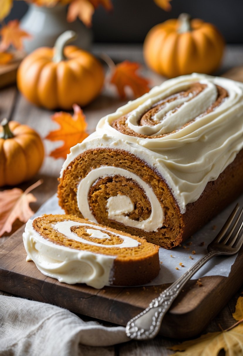 A sliced pumpkin roll with cream cheese frosting on a wooden board surrounded by autumn leaves and small pumpkins.