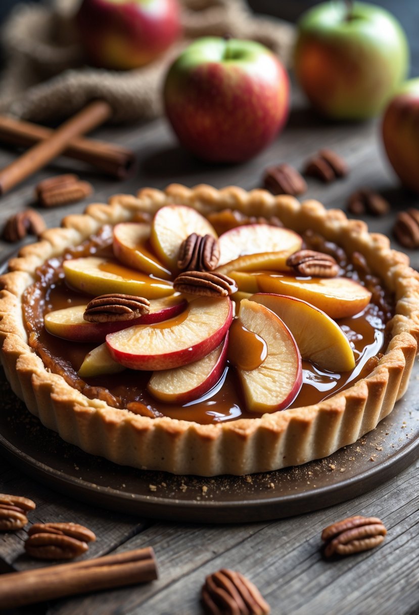A caramel apple tart on a wooden table surrounded by apples, cinnamon sticks, and pecans.