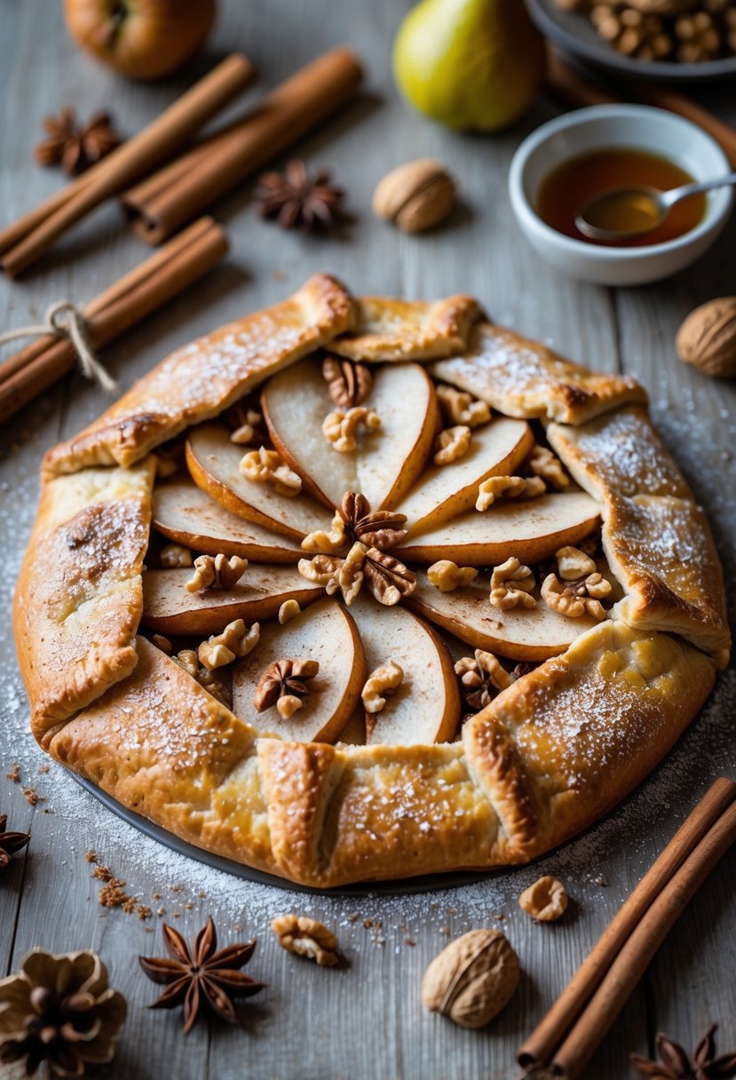 A spiced pear and walnut galette on a wooden table with autumn decorations around it.
