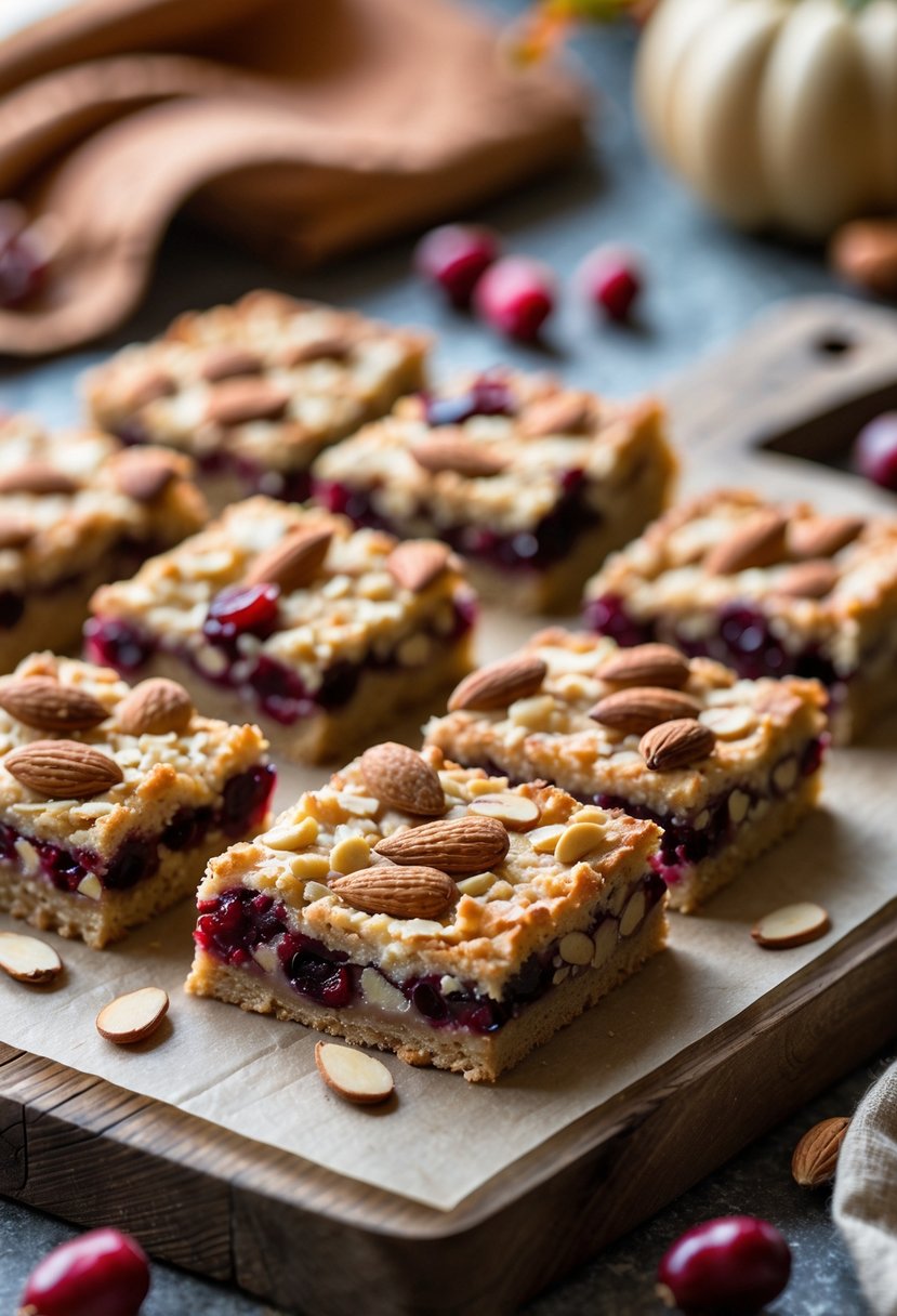 Freshly baked cranberry almond bars cut into squares on a wooden board with almonds and cranberries around them.
