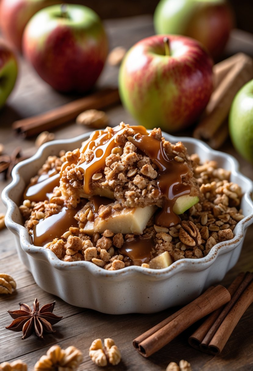 A freshly baked salted caramel apple crisp in a white dish on a wooden table with apples, cinnamon sticks, and walnuts around it.