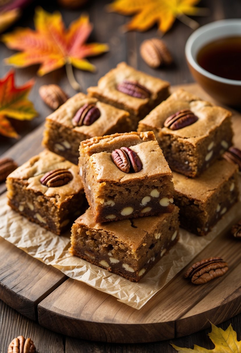 A wooden board with freshly baked maple pecan blondies surrounded by pecans and fall leaves.