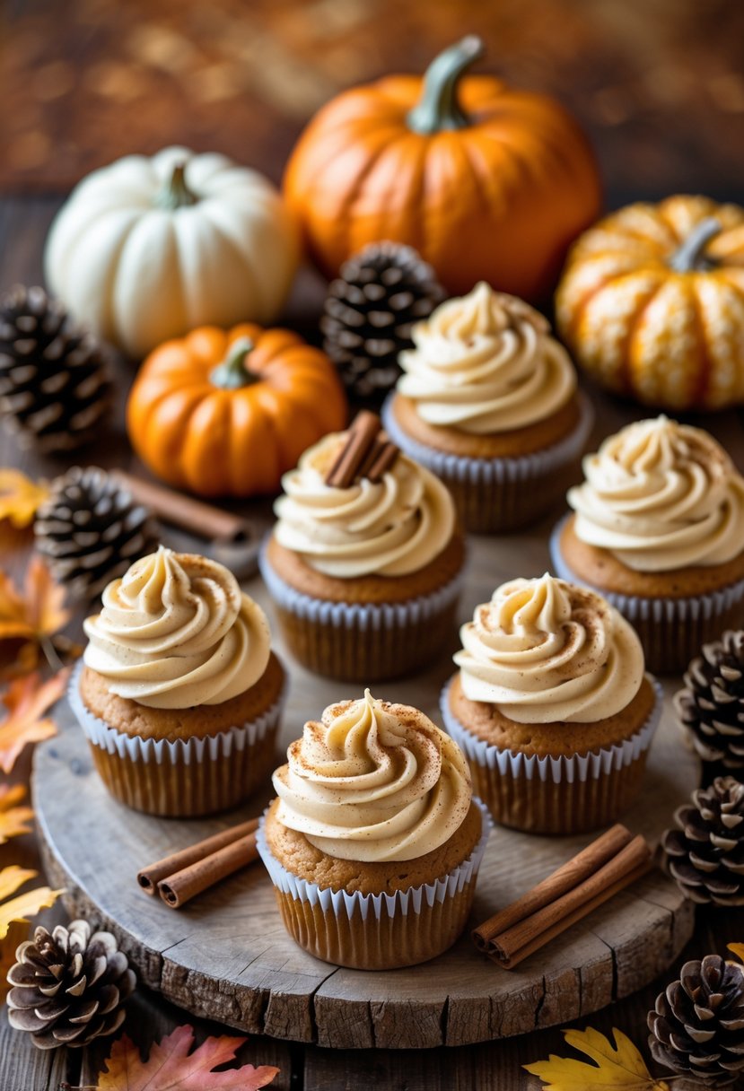 A wooden table with pumpkin spice latte cupcakes topped with cinnamon frosting and garnishes, surrounded by small pumpkins and colorful autumn leaves.