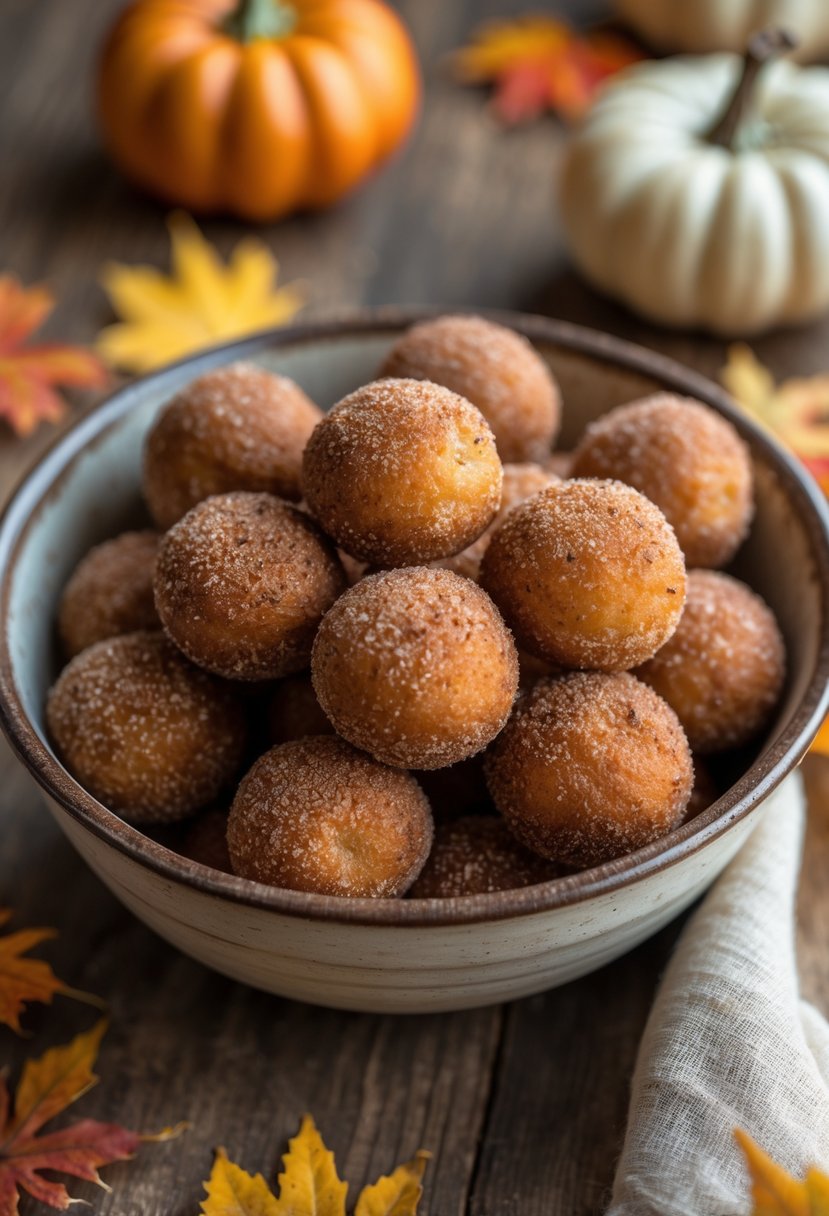 A bowl of cinnamon sugar donut holes on a wooden table with autumn leaves and small pumpkins around it.