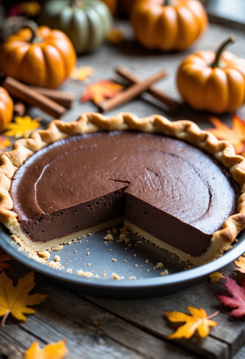 A chocolate chess pie with a slice removed on a wooden table surrounded by autumn decorations like pumpkins and fall leaves.