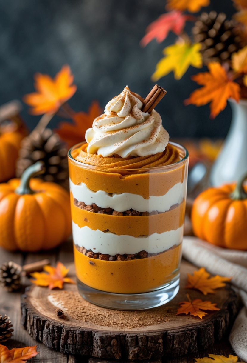 A glass of pumpkin mousse parfait topped with whipped cream and cinnamon, surrounded by small pumpkins and fall leaves on a wooden table.