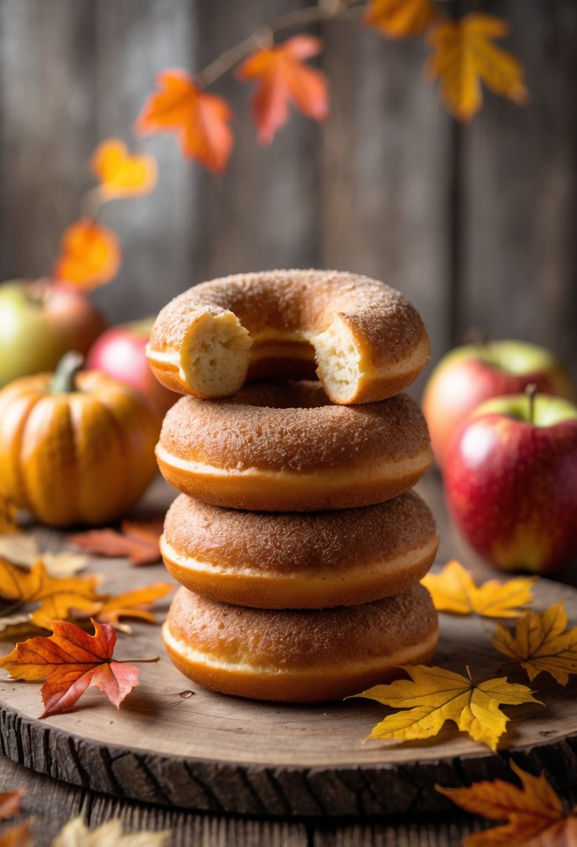 A stack of cinnamon sugar-coated apple cider doughnuts on a wooden table surrounded by pumpkins, fall leaves, and apples.