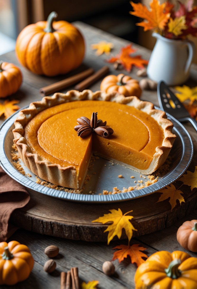 A freshly baked butternut squash pie on a wooden table surrounded by pumpkins, fall leaves, and cinnamon sticks.