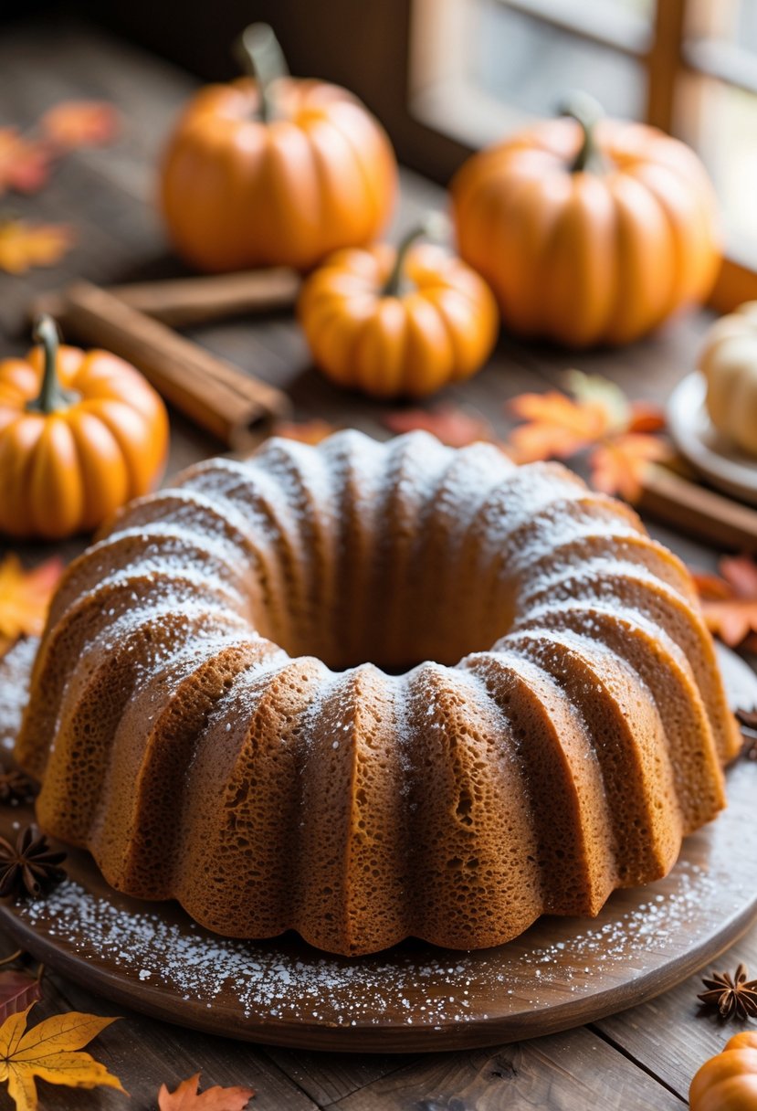 A pumpkin spice Bundt cake on a wooden table surrounded by small pumpkins, cinnamon sticks, star anise, and fall leaves.