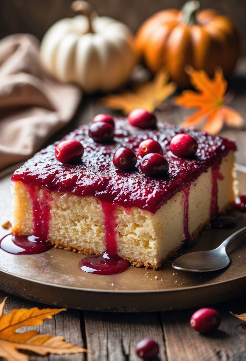 A rectangular cranberry poke cake topped with cranberry glaze and fresh cranberries on a wooden table with autumn decorations in the background.