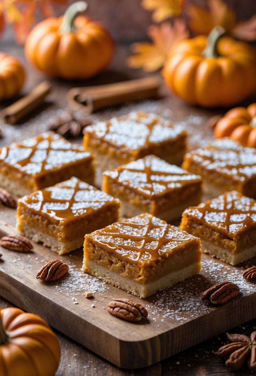 A close-up of salted caramel pumpkin bars on a wooden board surrounded by autumn decorations like small pumpkins and cinnamon sticks.