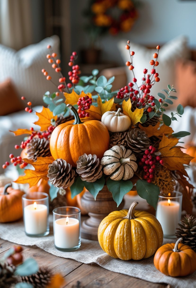 28 Fall Centerpiece Decor Ideas 2025 To Elevate Your Seasonal Table 2 A fall centerpiece on a wooden table with pumpkins, colorful leaves, pinecones, berries, candles, and greenery.