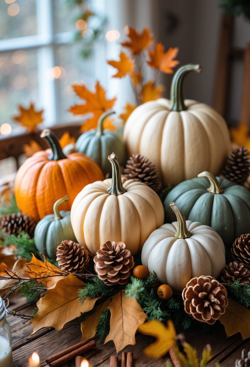 28 Fall Centerpiece Decor Ideas 2025 To Elevate Your Seasonal Table 3 A fall centerpiece with pumpkins and pinecones arranged on a wooden table surrounded by autumn leaves and greenery.
