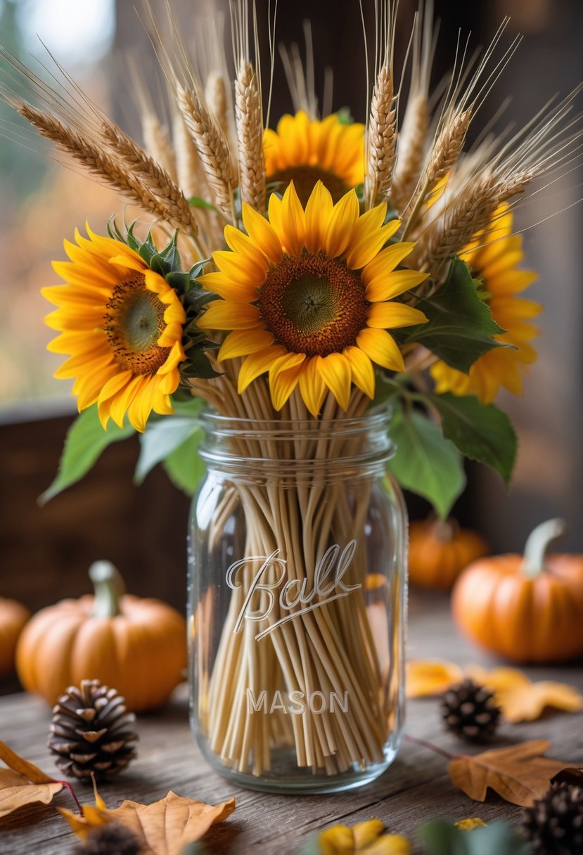28 Fall Centerpiece Decor Ideas 2025 To Elevate Your Seasonal Table 4 A mason jar filled with sunflowers and wheat stalks arranged as a fall centerpiece on a wooden surface with autumn decorations around it.