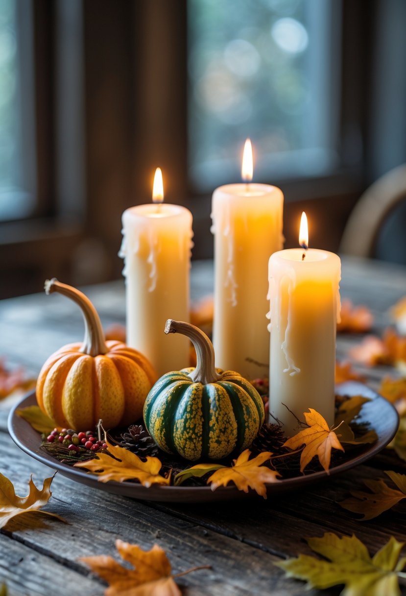 28 Fall Centerpiece Decor Ideas 2025 To Elevate Your Seasonal Table 5 A fall centerpiece with three mini gourds and three lit candles on a wooden table surrounded by autumn leaves.