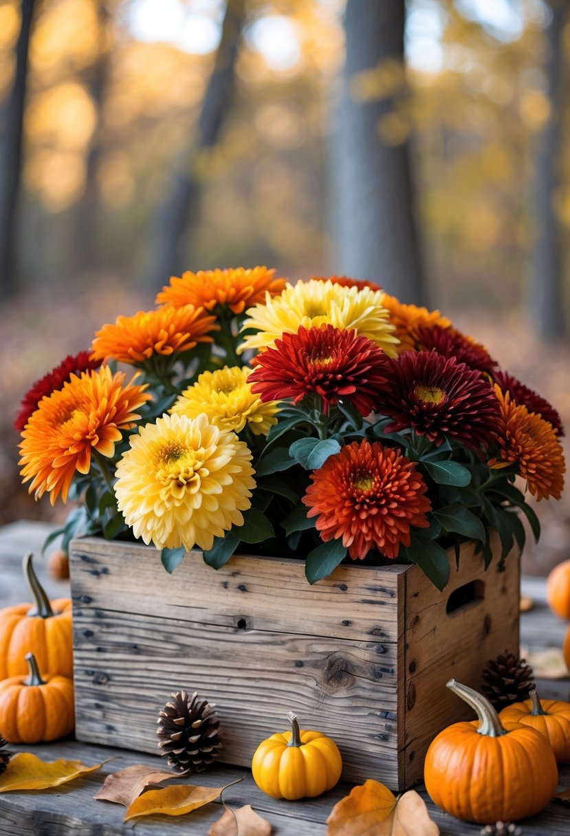 28 Fall Centerpiece Decor Ideas 2025 To Elevate Your Seasonal Table 6 A rustic wooden box filled with colorful fall mums and surrounded by small pumpkins and pine cones on a wooden table.