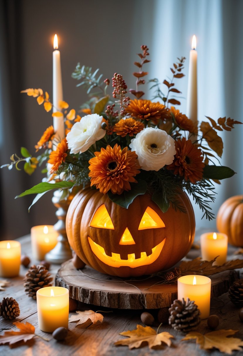 28 Fall Centerpiece Decor Ideas 2025 To Elevate Your Seasonal Table 7 A fall centerpiece with a pumpkin vase filled with flowers and surrounded by lit candles on a wooden table with autumn leaves.