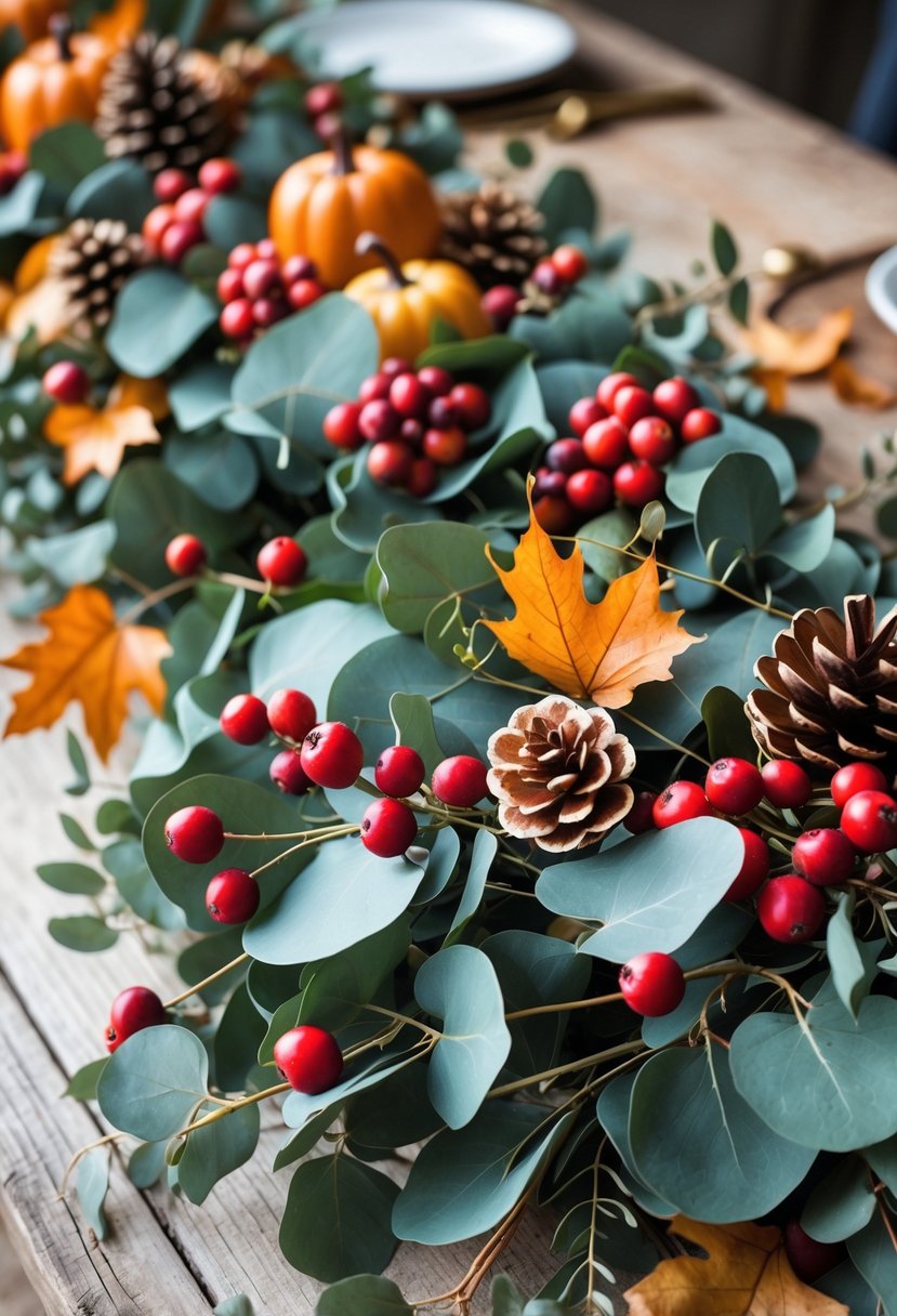 28 Fall Centerpiece Decor Ideas 2025 To Elevate Your Seasonal Table 8 A fall centerpiece with eucalyptus leaves and red berries arranged on a wooden table.