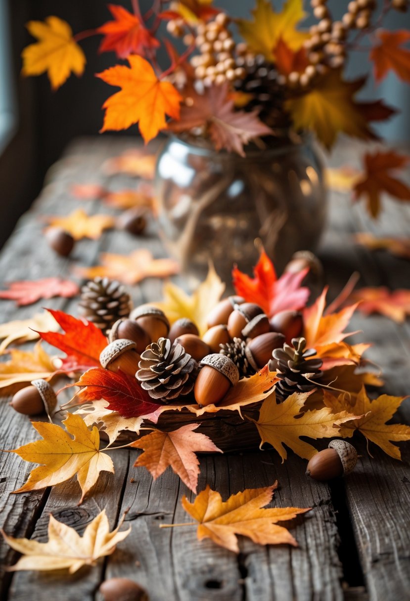28 Fall Centerpiece Decor Ideas 2025 To Elevate Your Seasonal Table 9 A fall centerpiece with acorns and colorful autumn leaves scattered on a wooden table.