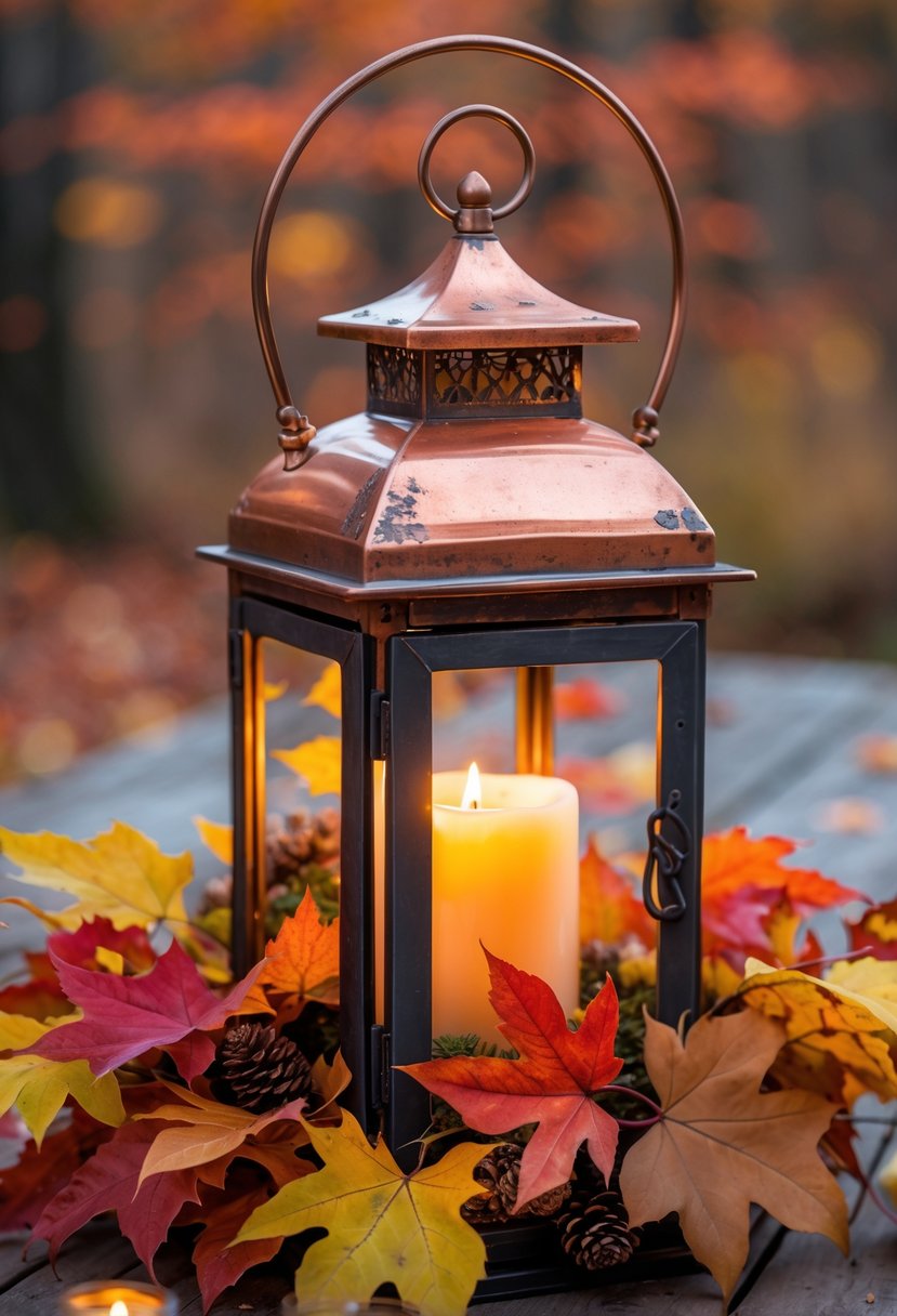 28 Fall Centerpiece Decor Ideas 2025 To Elevate Your Seasonal Table 10 Copper lantern surrounded by colorful autumn leaves on a wooden table.