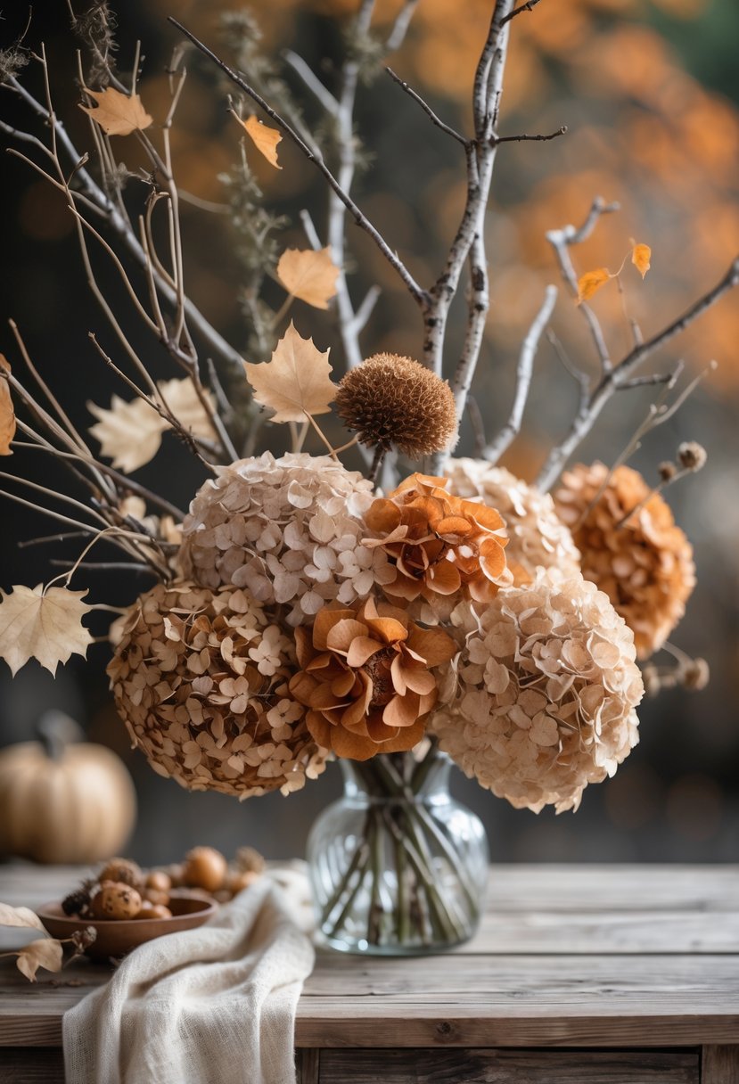28 Fall Centerpiece Decor Ideas 2025 To Elevate Your Seasonal Table 11 A fall centerpiece with dried hydrangea flowers and branches arranged on a wooden table.