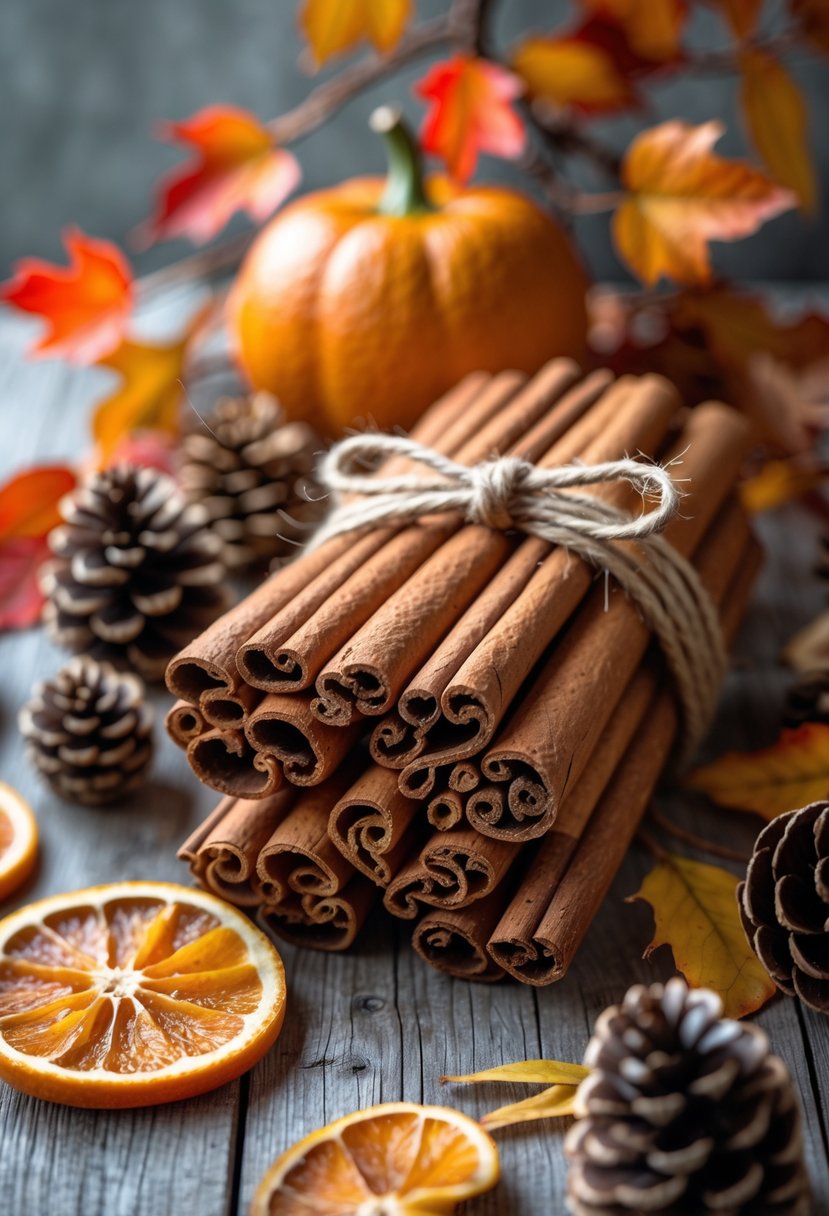 28 Fall Centerpiece Decor Ideas 2025 To Elevate Your Seasonal Table 13 A bundle of cinnamon sticks tied with twine next to dried orange slices on a wooden surface with autumn leaves and pine cones around.