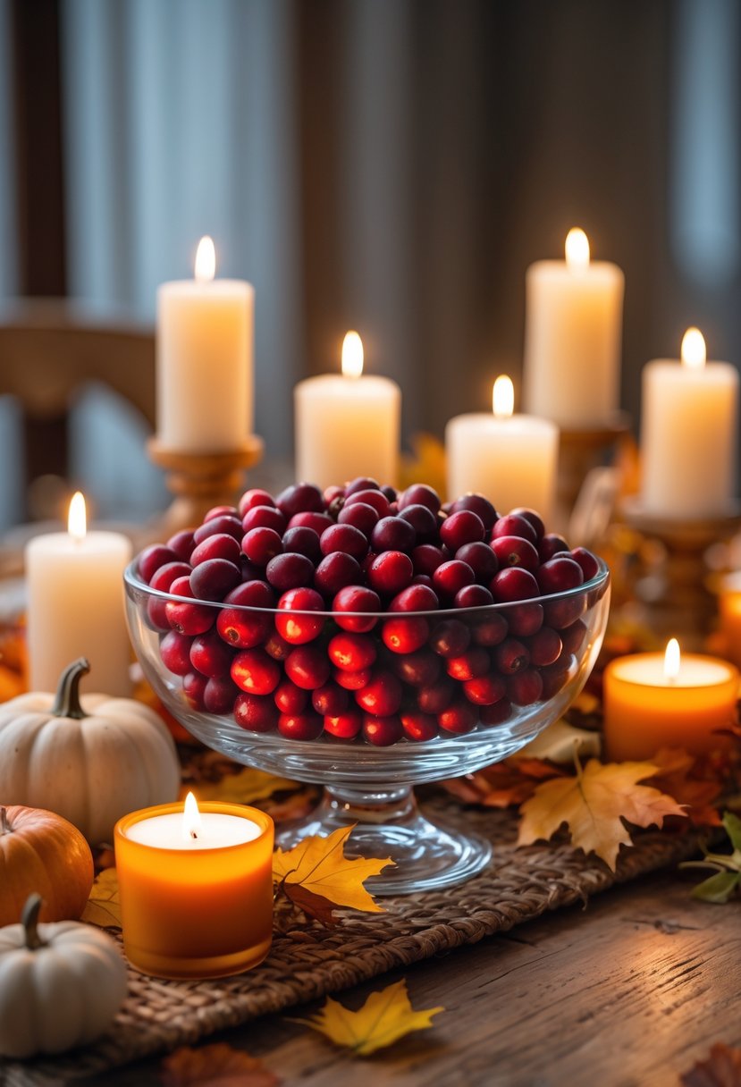 28 Fall Centerpiece Decor Ideas 2025 To Elevate Your Seasonal Table 14 A glass bowl filled with red cranberries surrounded by lit candles and autumn decorations on a wooden table.